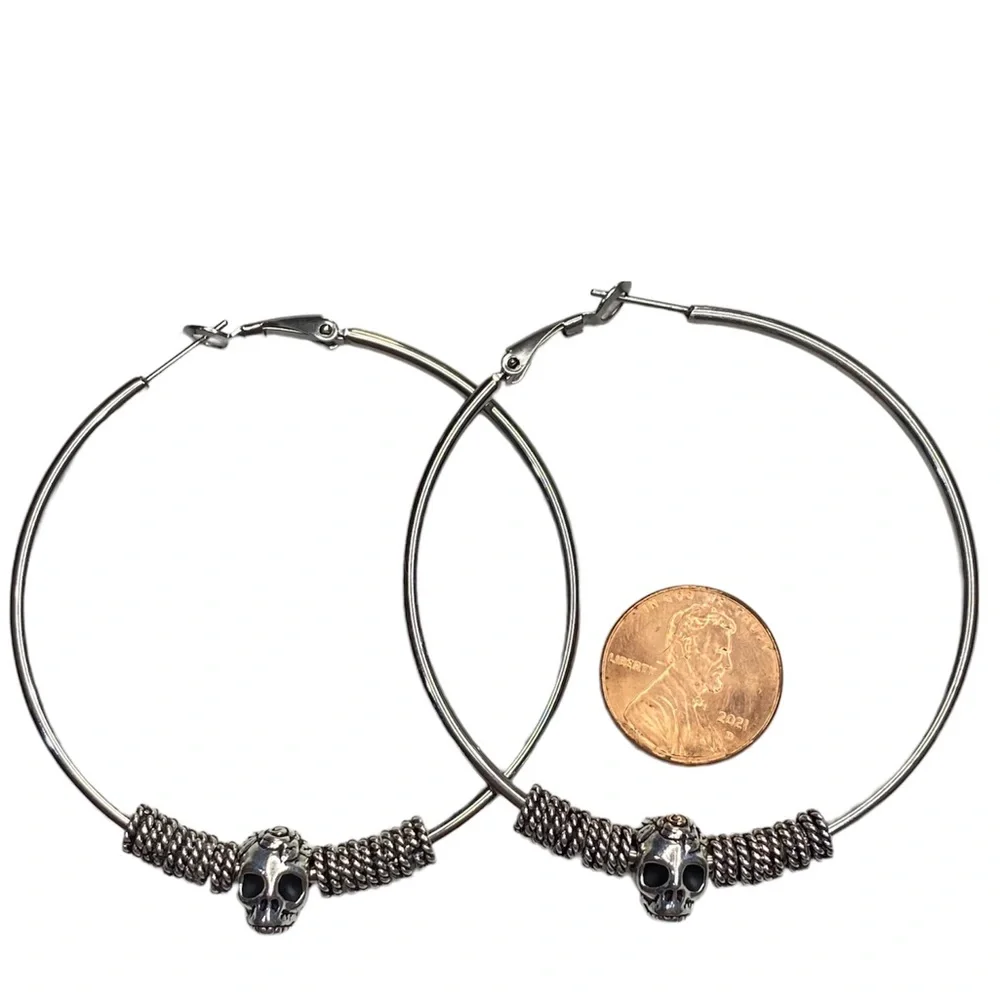 Silver Skull Hoop Earrings - Picture 4 of 4